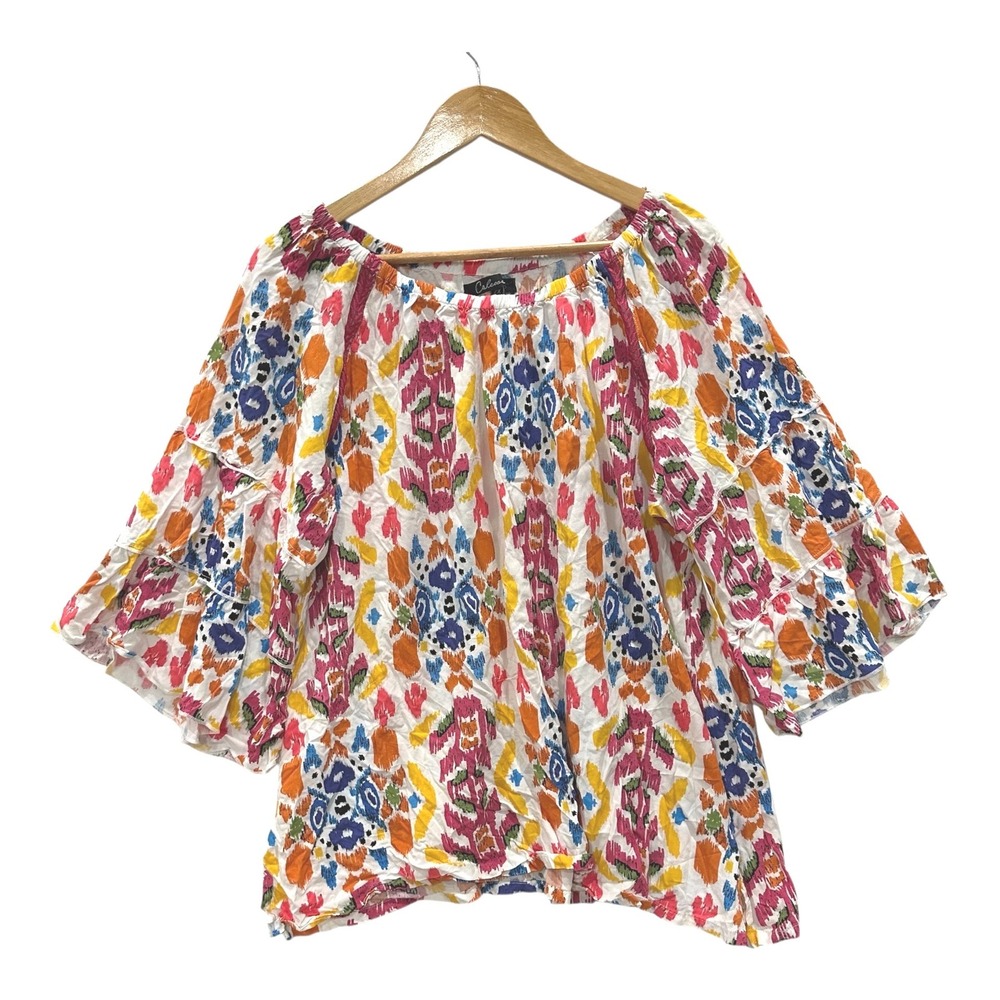 Caleoaa Womens 2X Multi Color Ikat Print Off Shoulder Bell Sleeve Blouse Top